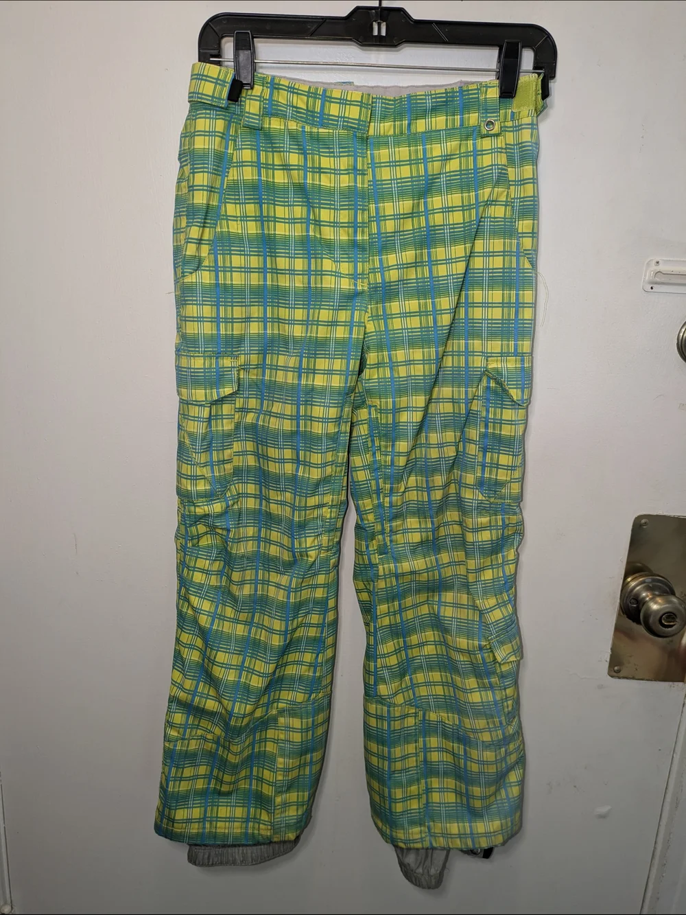 Karbon Neon Yellow & Teal Plaid Snowboard Pants Kids Size 10